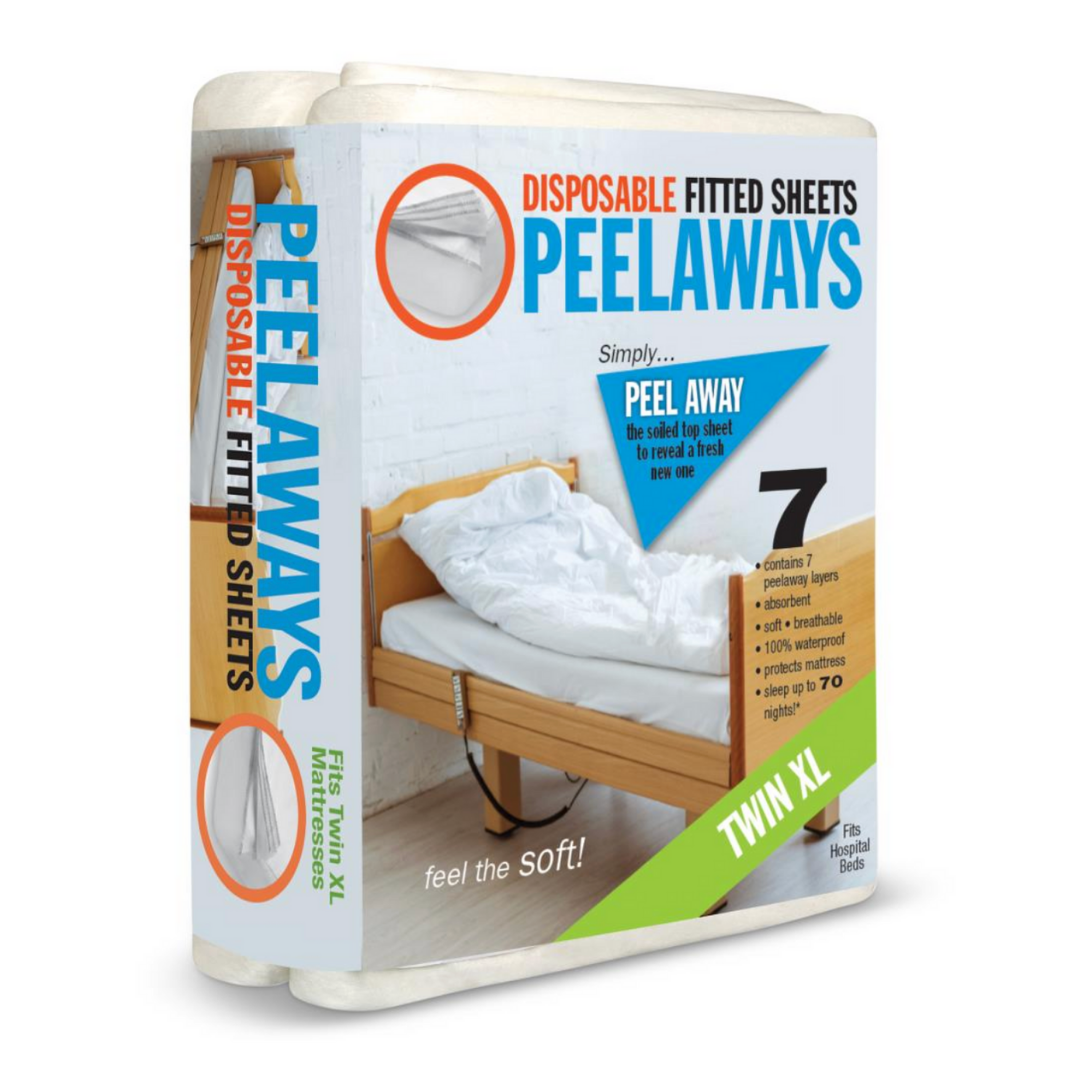 Peelaways Multi-Layer Disposable & Waterproof Fitted Sheets for Twin XL beds feature seven layers per pack, easy removal, a caregiver-friendly design, and waterproof protection—shown on a hospital bed with a white fitted sheet.